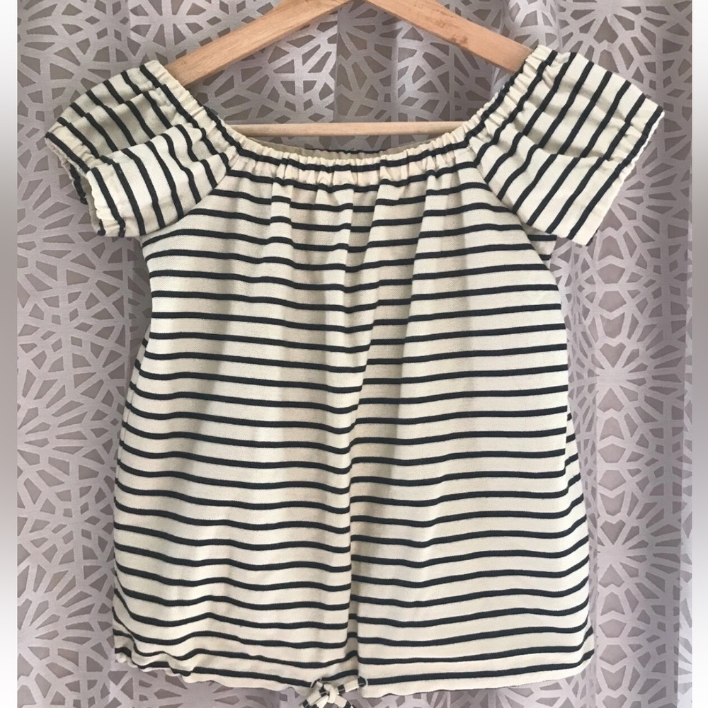 Madewell Melody Stripe Draw String Off Shoulder Top Size L - Black & Ivory